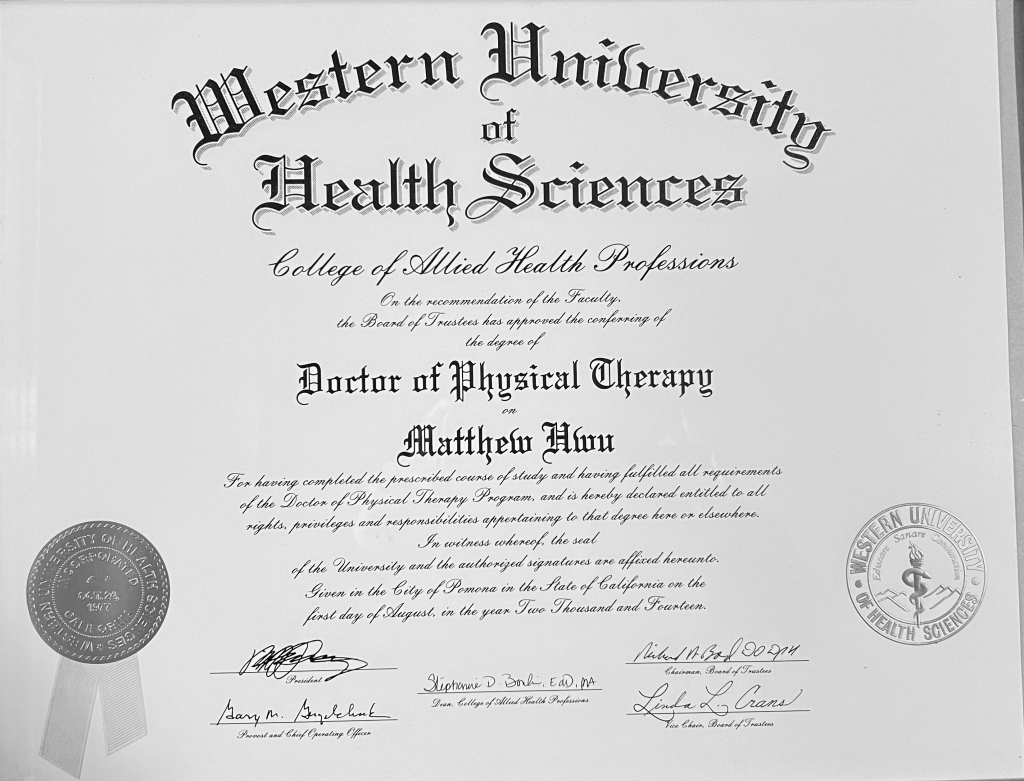 Dr. Matt Hwu DPT diploma
